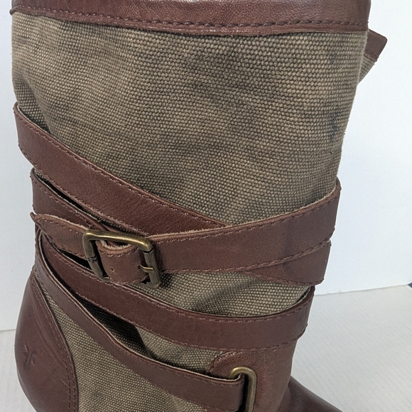 Frye Harlow Multi Strappy Harness BrownbTan Heeled Leather Canvas Boots 10 M - Picture 8 of 12